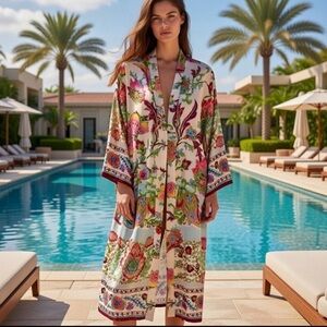 NWT ZARA Floral Printed Long Kimono Belted Beach Boho Style Pink Size XS